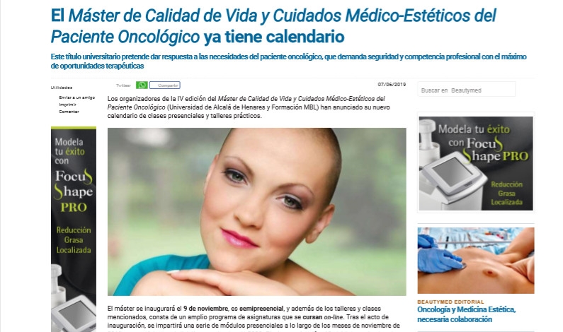 La web Beautymed.com publica el calendario de clases presenciales del Máster de Cuidados Médico-Estéticos del Paciente Oncológico